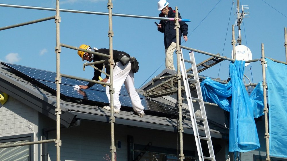 Solar panel roof edge where protective bird mesh is fitted