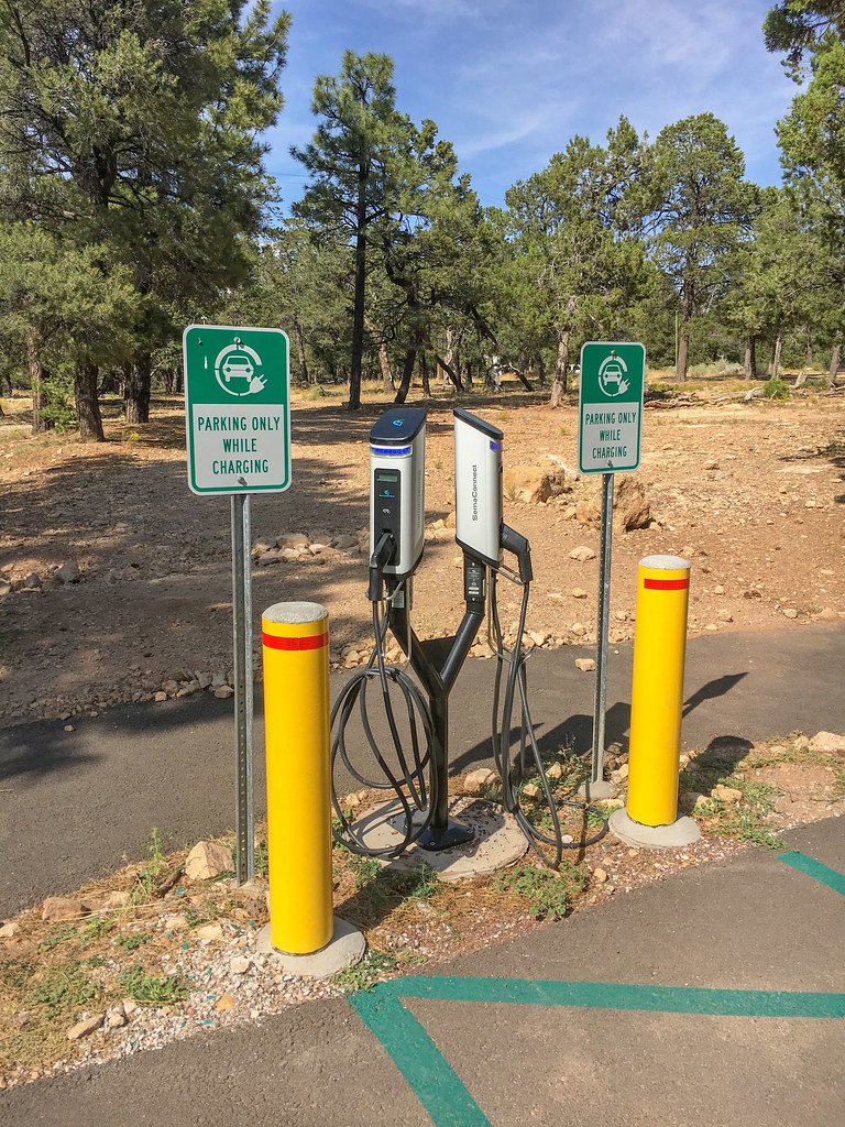 Commercial EV charging post in a car park